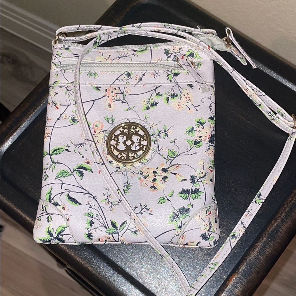 White Floral Crossbody Bag with Gold Emblem